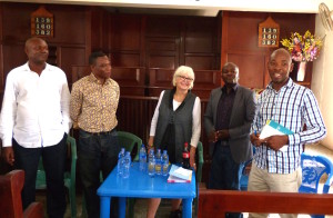 ABF Program Director Marilyn Jones, with Africa Programs Manager, Lamech Katamba (to her right) and members of First Church of Christ, Scientist. Accra, Ghana
