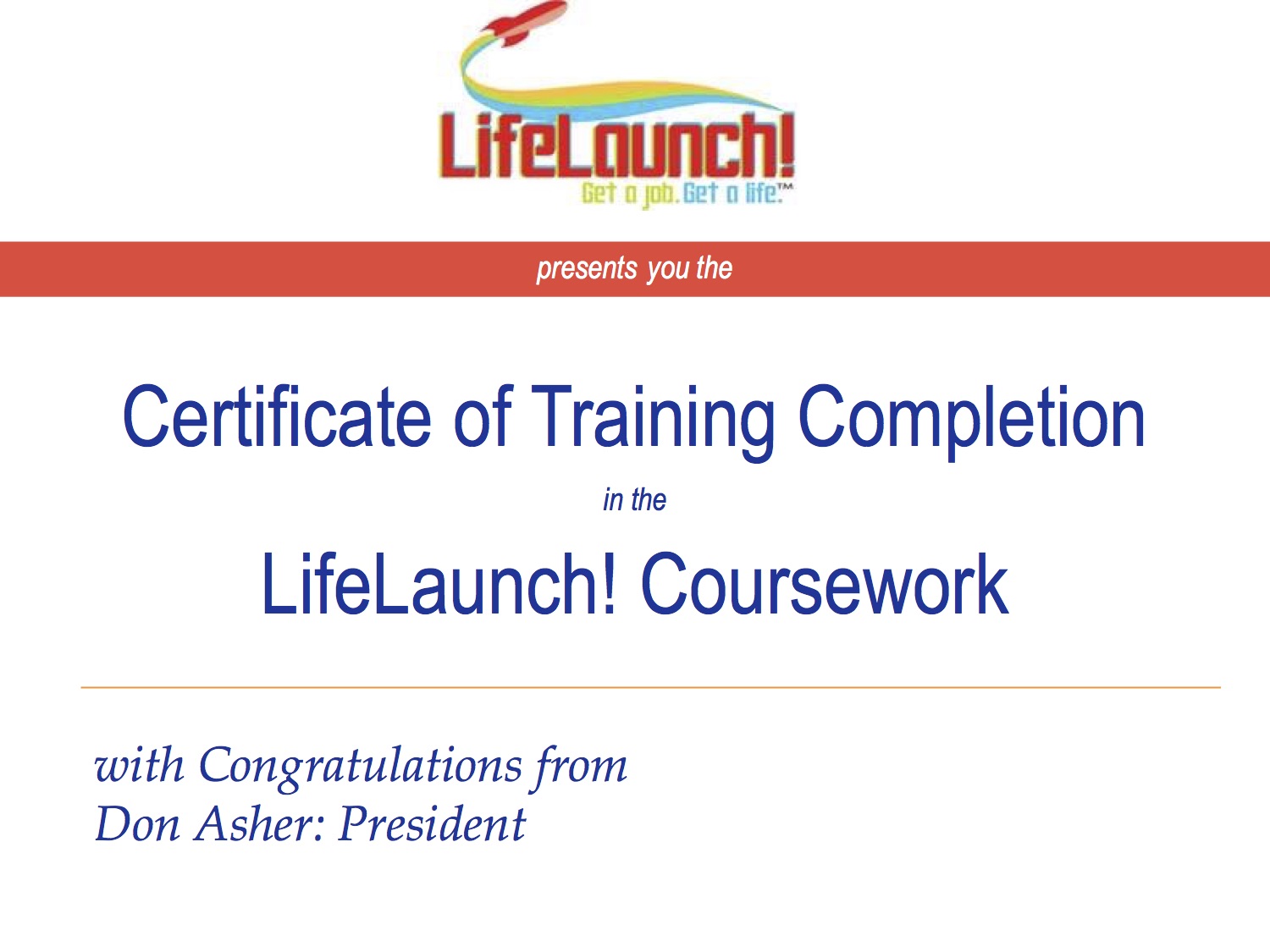 LifeLaunch! Certificate of Completion