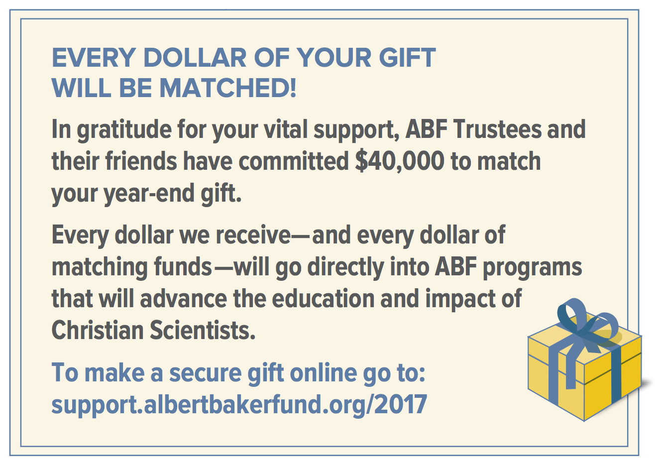 Every dollar of your gift will be matched « The Albert Baker Fund
